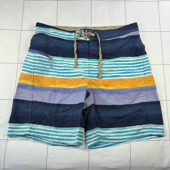 Patagonia Board Shorts Mens 35 Blue Multi Printed Wavefarer Striped Beach Swim - Picture 1 of 11